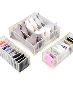 Clothes organiser with multiple compartments for neatly storing underwear, socks, bras, and scarves in drawers.