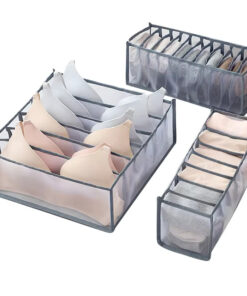 Clothes organiser with multiple compartments for neatly storing underwear, socks, bras, and scarves in drawers.