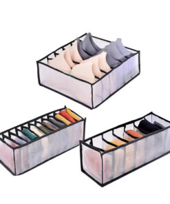 Clothes organiser with multiple compartments for neatly storing underwear, socks, bras, and scarves in drawers.